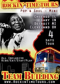 a poster for a rock and roll tour with an image of a bus